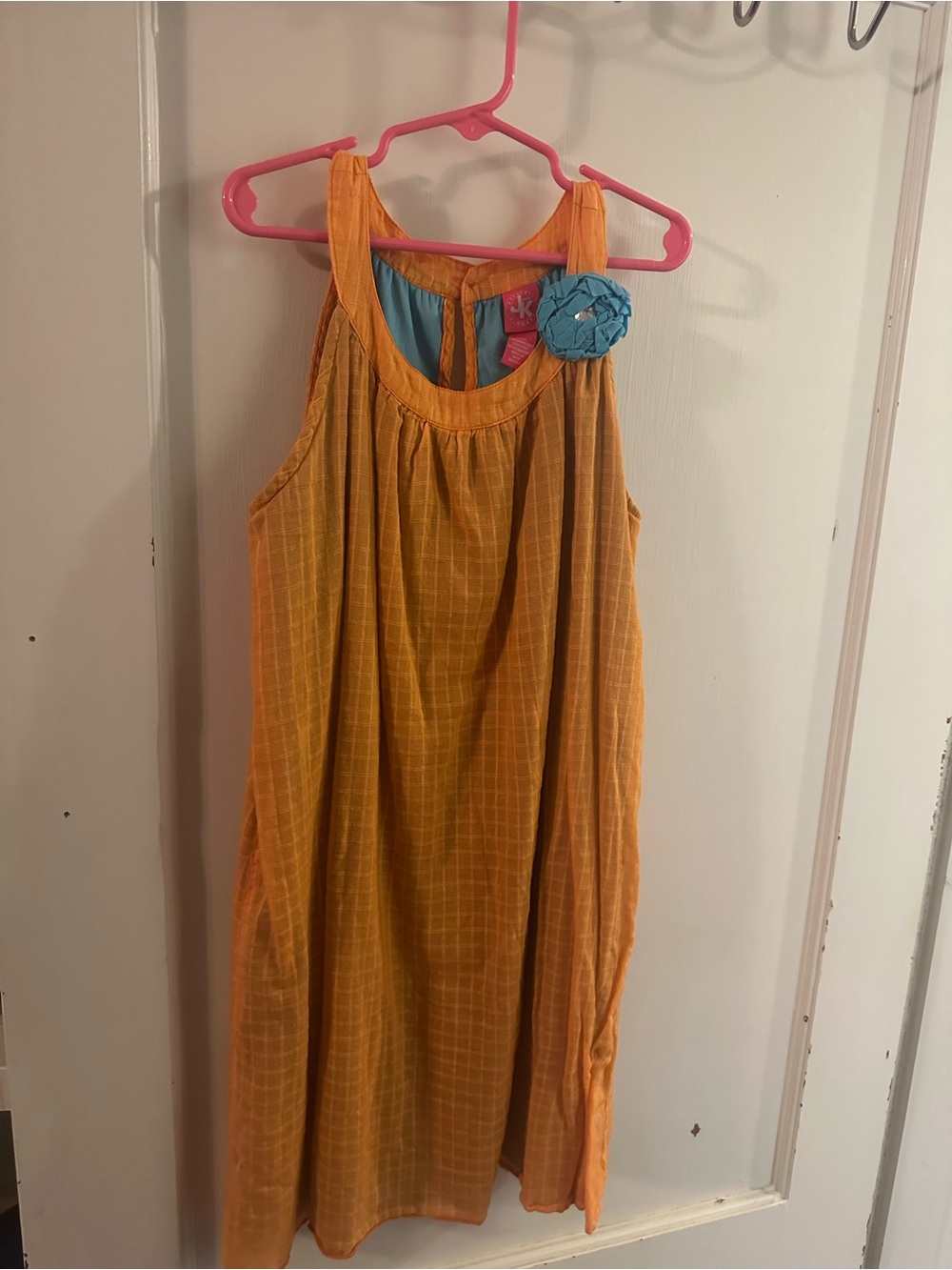J. Khaki Orange Sundress with Blue Flower Pin